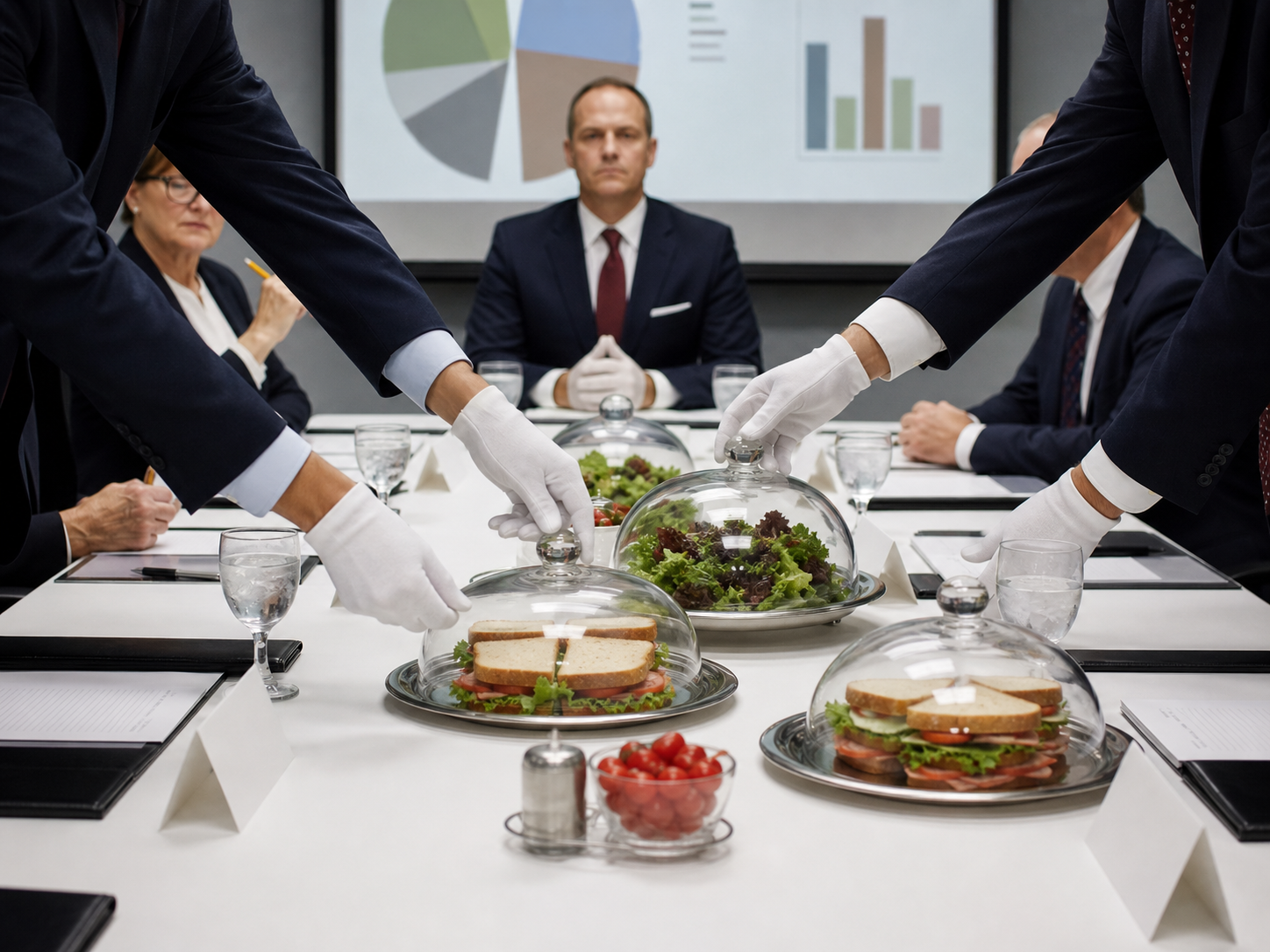 A formal conference table with covered sandwiches and salads.