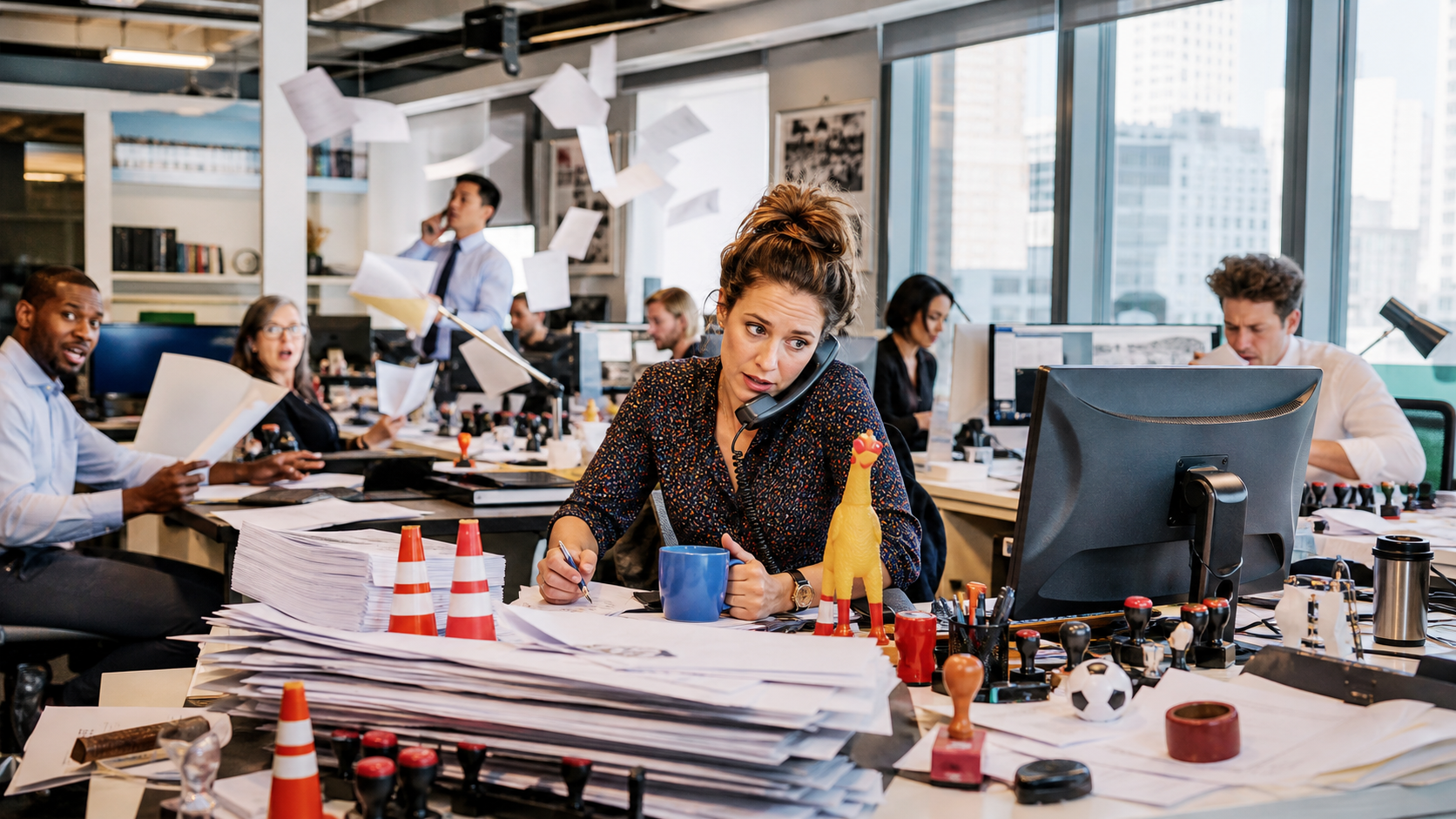 A busy fictional newsroom with papers, desks, and civic props.