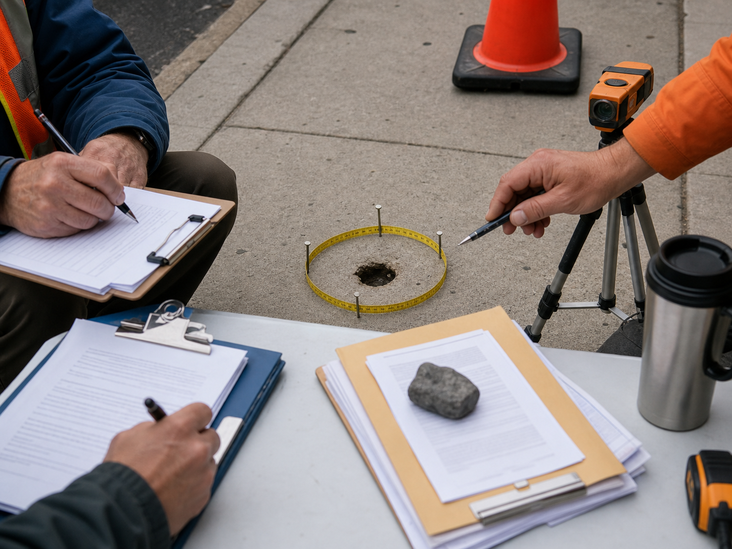 Officials measuring a tiny pothole on a sidewalk.